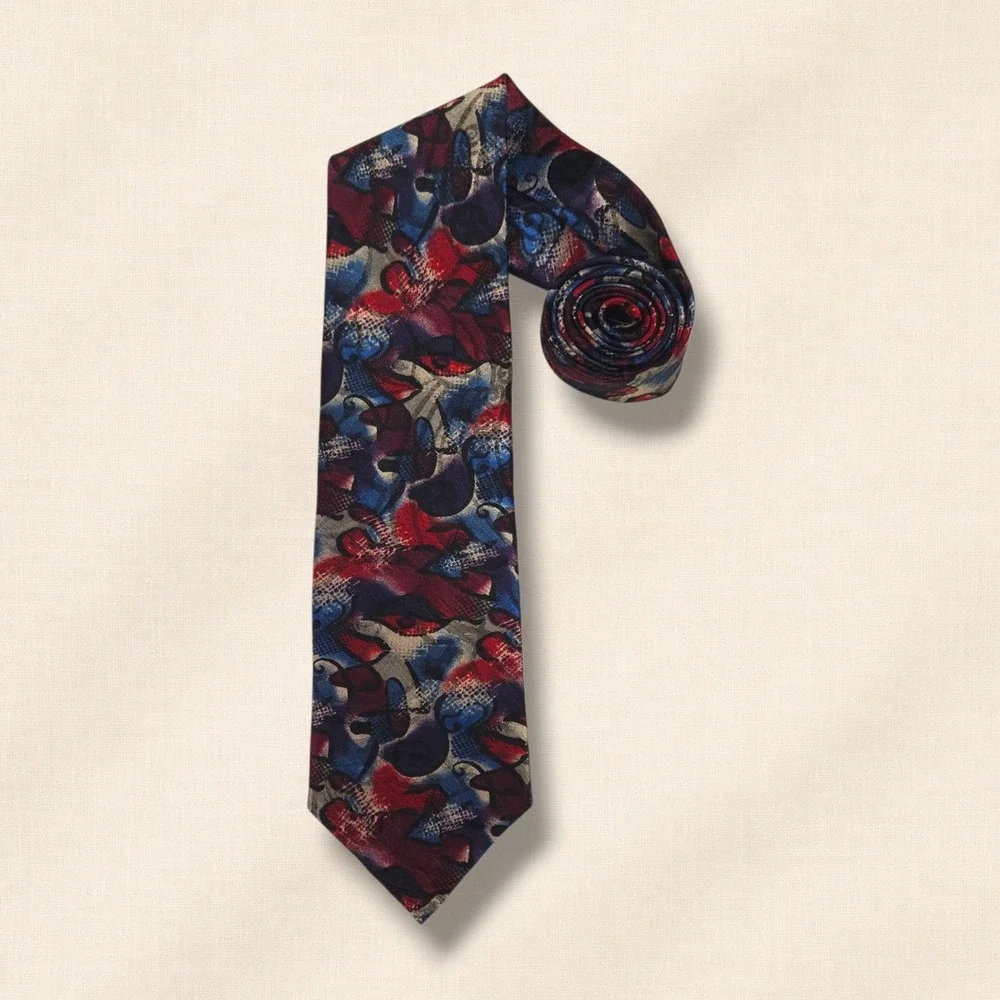Wembley Vintage Polyester Necktie Abstract Floral Red Blue Purple USA Wide OS